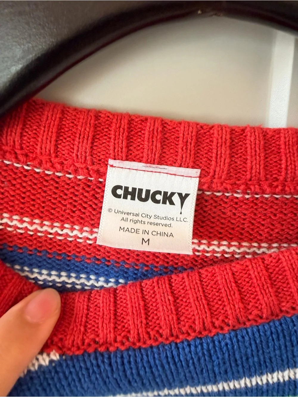 Chucky Good Guys sweater with horizontal stripes in multiple colors, size M